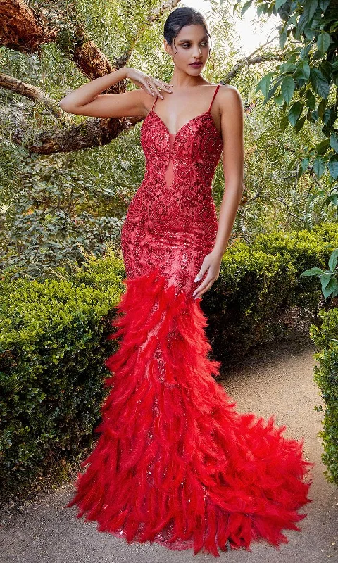 Andrea and Leo - V-Neck Feather Mermaid Evening Dress