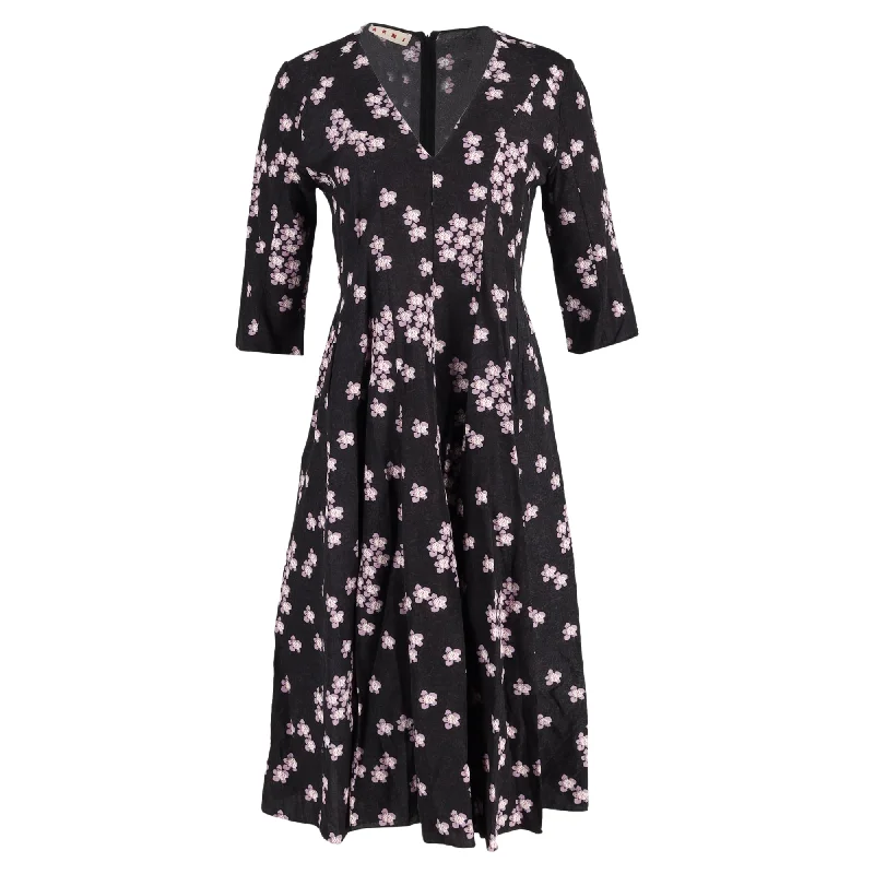 Marni Midi Floral Print V-Neck Dress in Black Jacquard