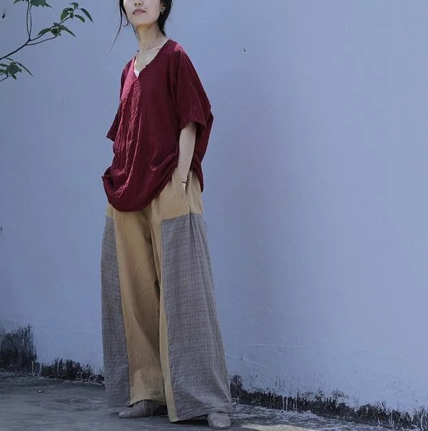 Loose Patchwork Cotton Linen Pants Ladies Vintage Elastic Waist Retro Wide Leg Pants