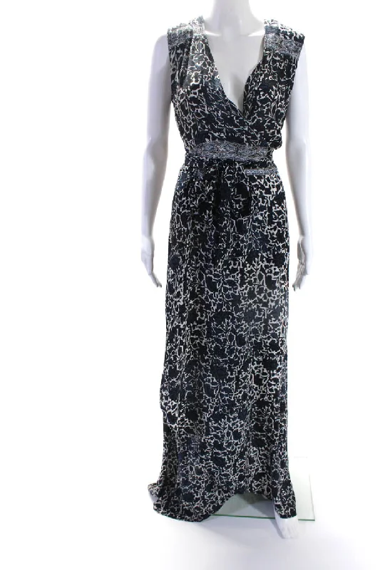 Natalie Martin Womens Silk Floral Print Wrap Sleeveless Maxi Dress Blue