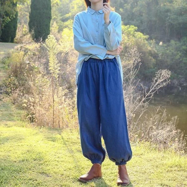 Loose Solid Color Vintage Linen Pants Ladies Elastic Waist Flax Trousers