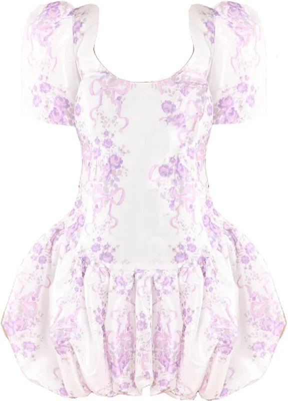 LOVESHACKFANCY Women Nelisia White Purple Floral Print Bubble Hem Mini Dress