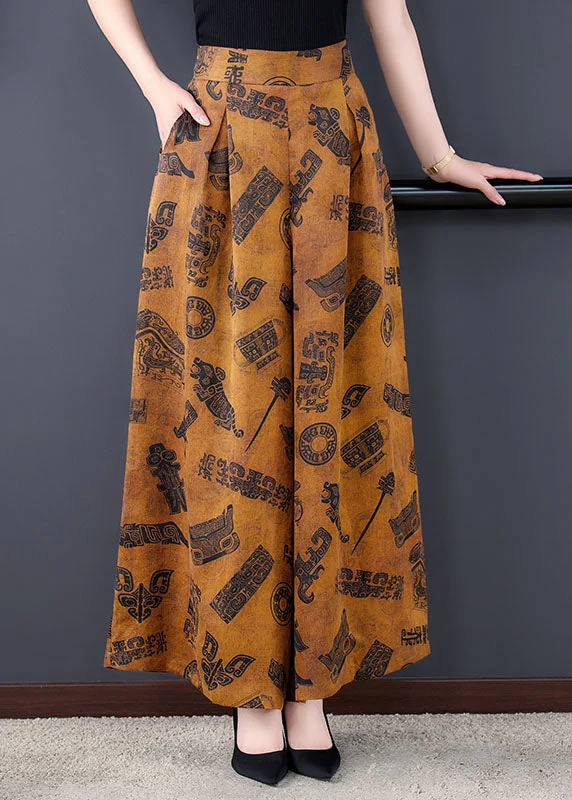 Italian Yellow Elastic Waist Pockets Print Draping Silk Wide Leg Pants Summer