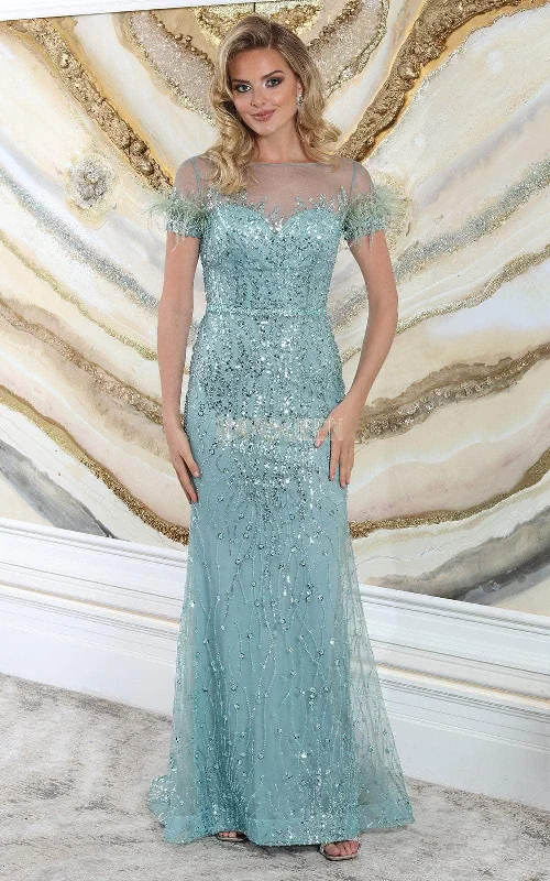 May Queen RQ8092 - Feathered Sleeve Evening Dress