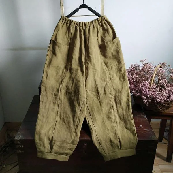 Loose Linen Solid Color Elastic Waist Pants Ladies Flax Vintage Trousers