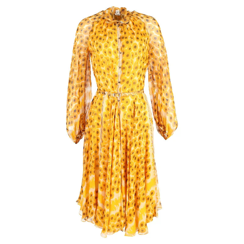 Hermes Midi Print Belted Dress in Yellow Silk