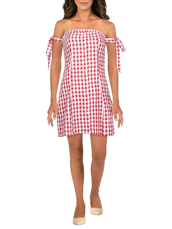 Let Her Go Womens Gingham Tie Shoulder Mini Dress