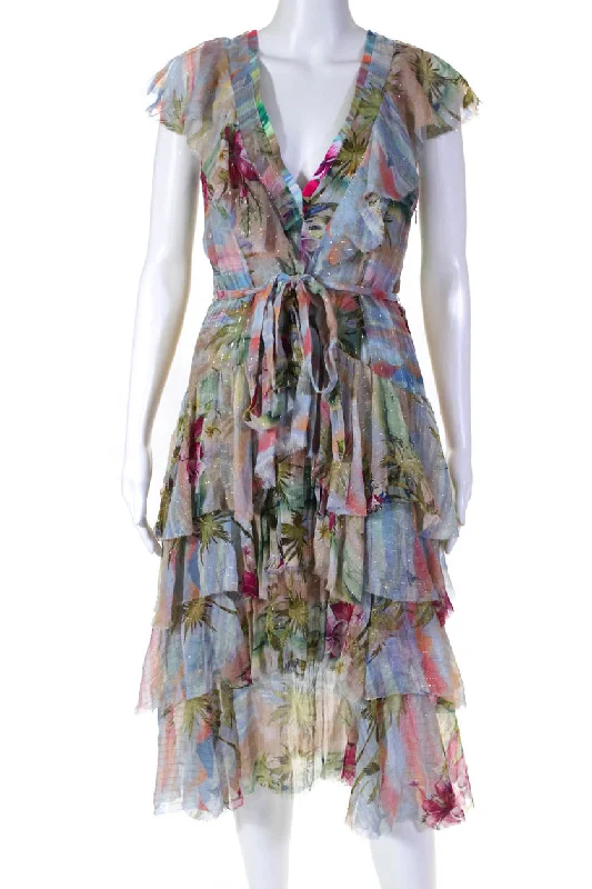 Le Superbe Womens North Shore Lurex Floral Ruffle Maxi Dress Silk