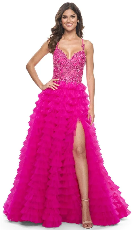 La Femme 32334 - Lace Applique Ruffled A-Line Prom Gown