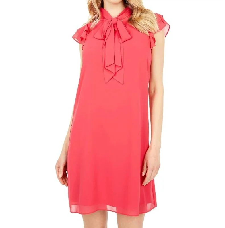 Ruffle Tie Neck Chiffon Mini Dress In Pink