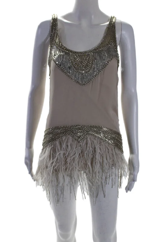 Haute Hippie Womens Beige Crystal Feather Detail Scoop Neck Mini Dress