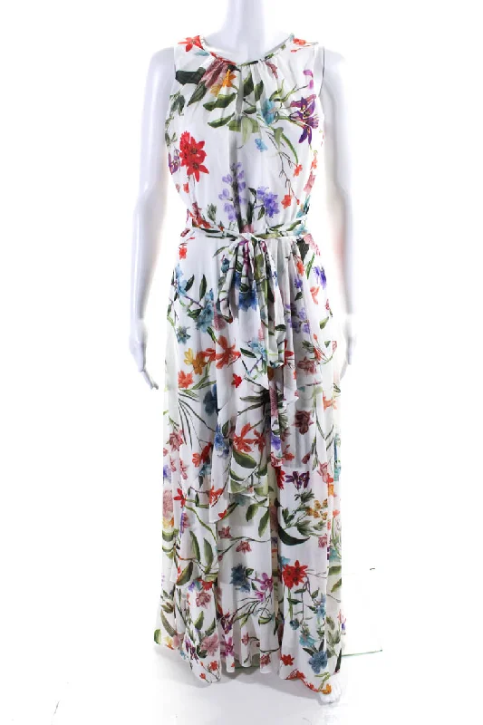 Compli K Womens Round Neck Sleeveless Asymmetric Ruffle Floral Maxi Dress