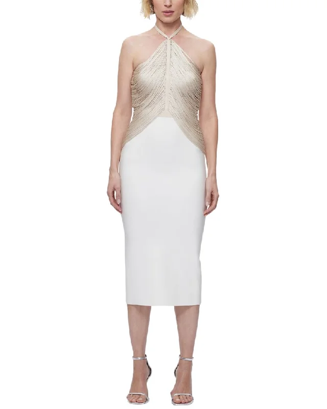 Hervé Léger Draped Halter Fringe Midi Dress