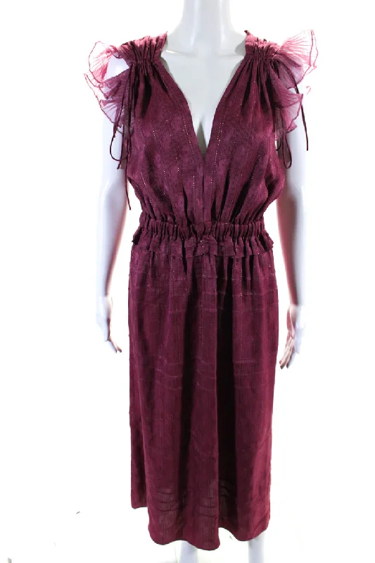 Isabel Marant Metallic Satin Ruffled V-Neck A-Line Maxi Dress Raspberry