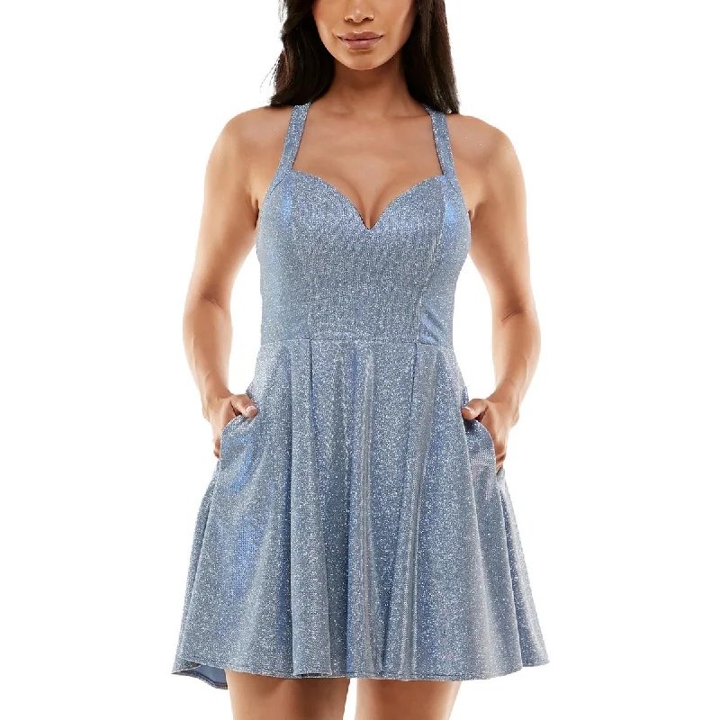 Juniors Womens Glitter Mini Fit & Flare Dress