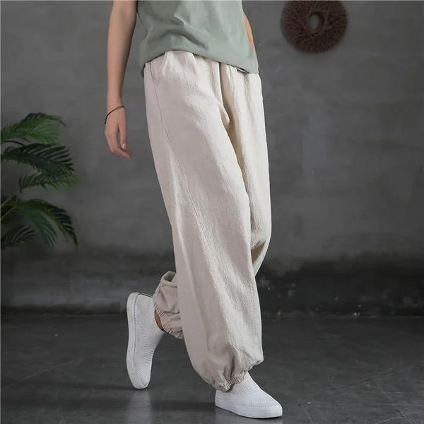 Loose Ramie Elastic Waist Pants Loose Vintage Solid Color Trousers