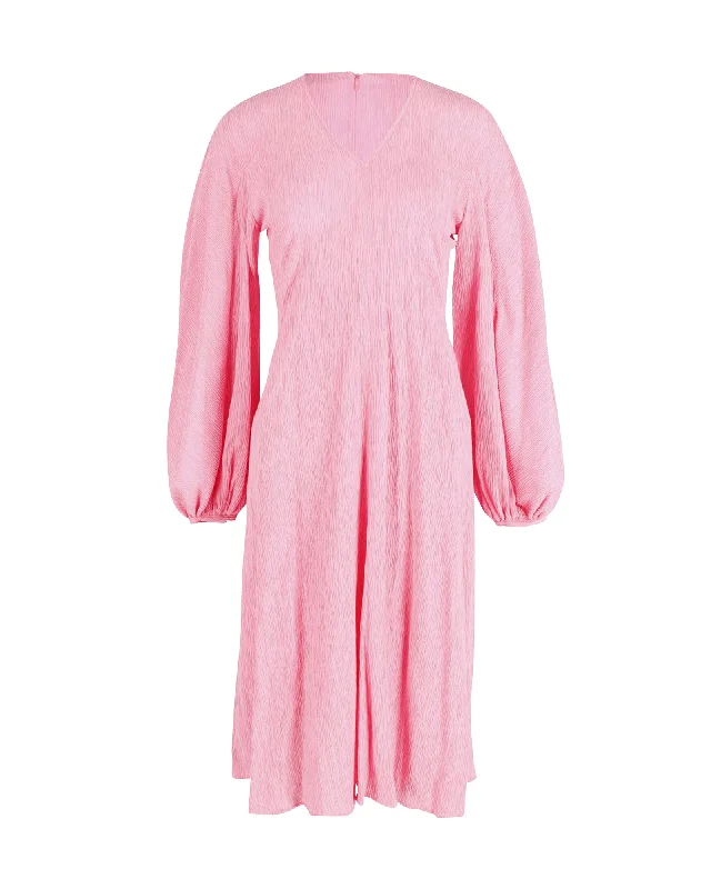 Stine Goya Puffed Long Sleeve Midi Dress in Pink Lyocell