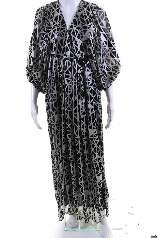 Summu Womens Abstract Print Semi Sheer Long Sleeve Maxi Dress Black