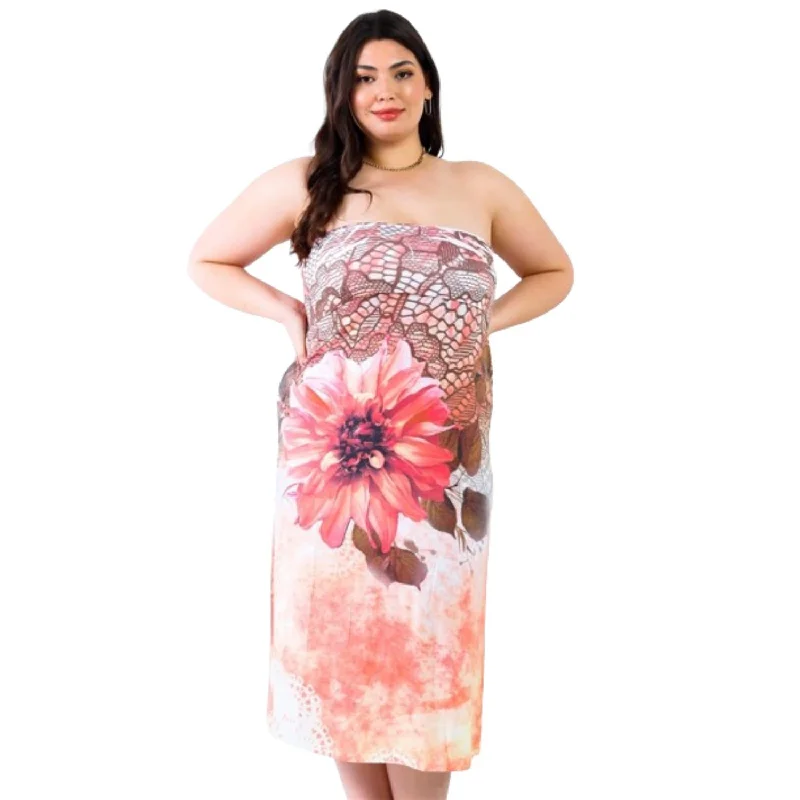 Plus Peach Flower Print Sleeveless Midi Dress