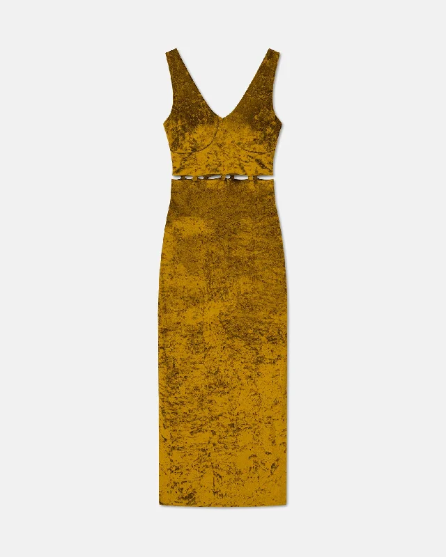 Delvine - Sale Cutaway-Detail Dress - Curry Crushed Velvet