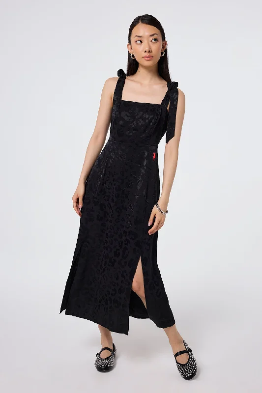 Black Jacquard Leopard Tie Shoulder Dress