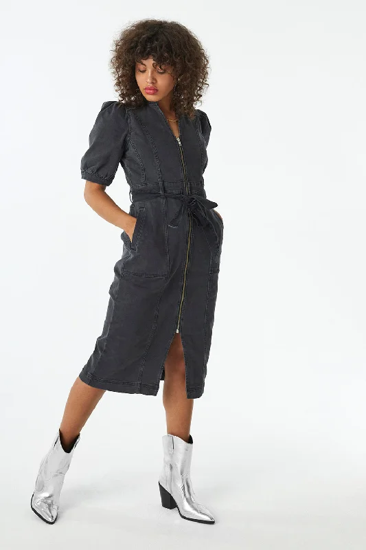 Washed Black Zip Detail Denim Dress