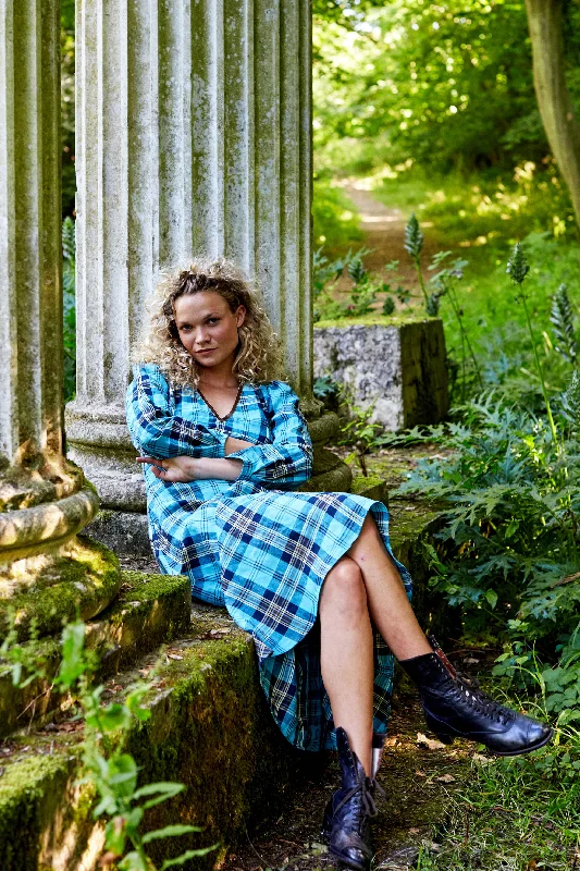 Bohemian Dress in Aqua Tartan Linen