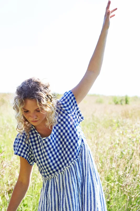 Stepney Dress in Blue and White Patchwork Linen