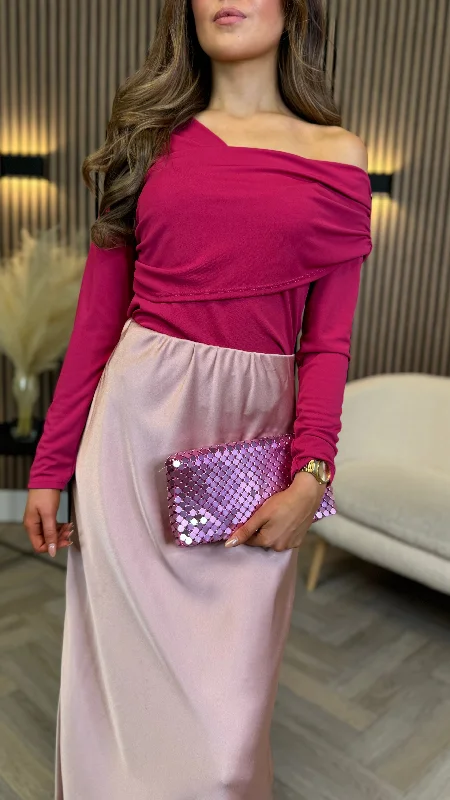 Madison  Fuchsia Draped One Shoulder Detail Top