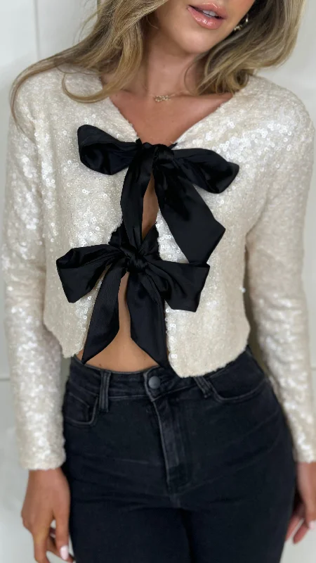 Morgan Cream Sequin With Black Bows Detail Top