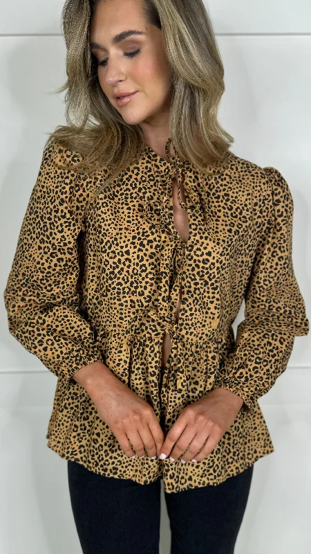 Penny Beige & Black Leopard Printed Tie Detail Top