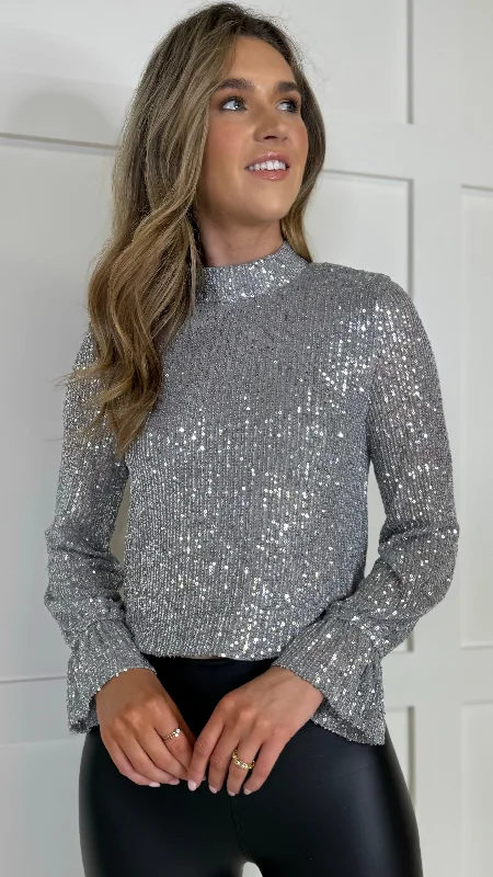 Selina Silver Sequin High Neck Top