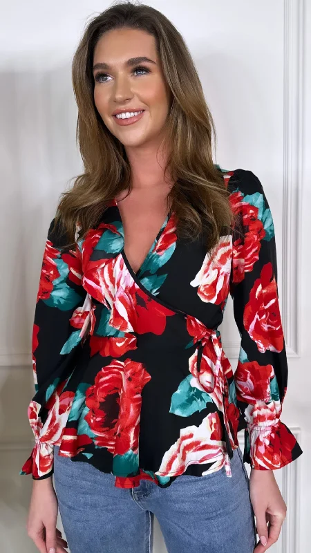 Siobhan Red Floral Ruffle Wrap Top